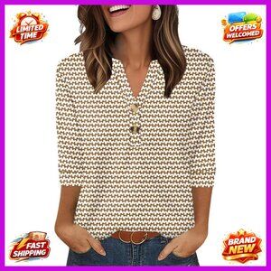 Women's 3/4 Sleeve V-Neck Henley Blouse Loose Fit Polyester Blend